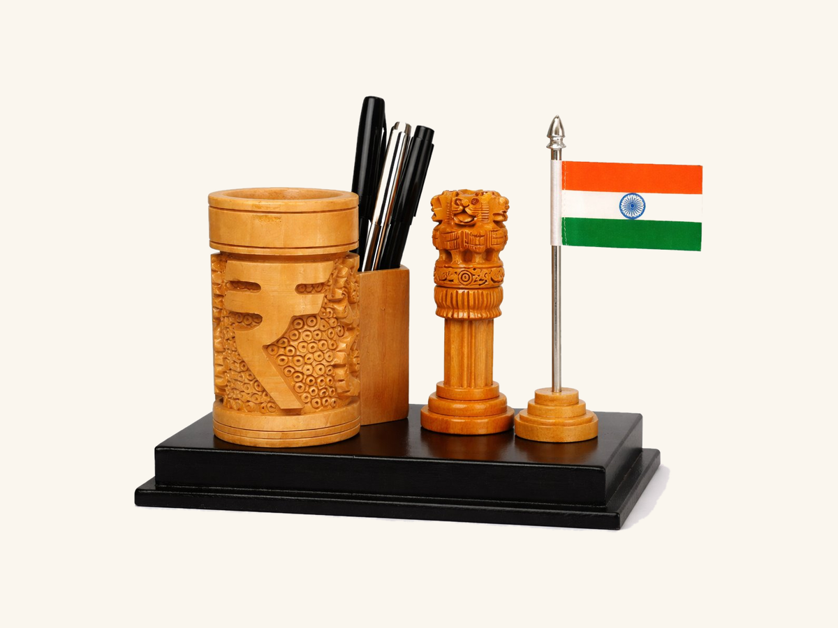 Wooden Emblem Pen Stand